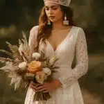 Boho ślub - suknia, dodatki i bukiet w jednym stylu
